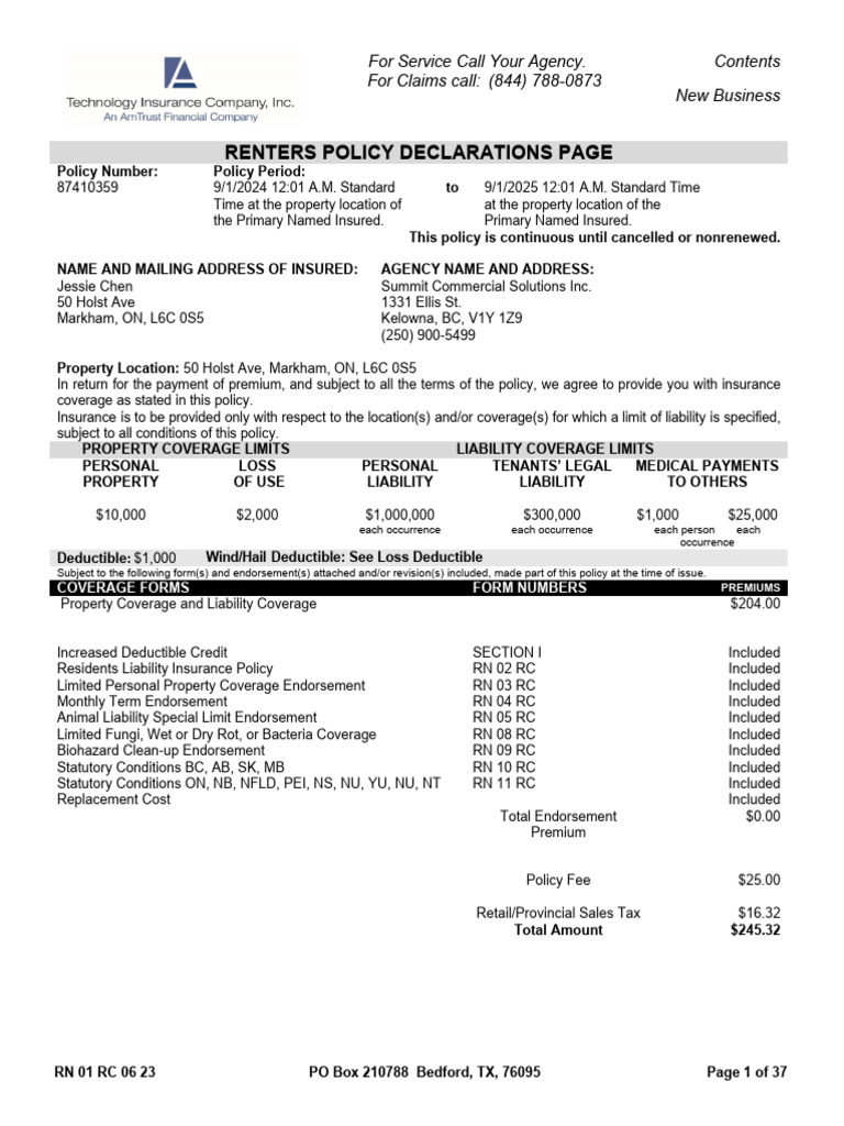 Renters Insurance Policy Declarations | PDF | Insurance | Liability ...
