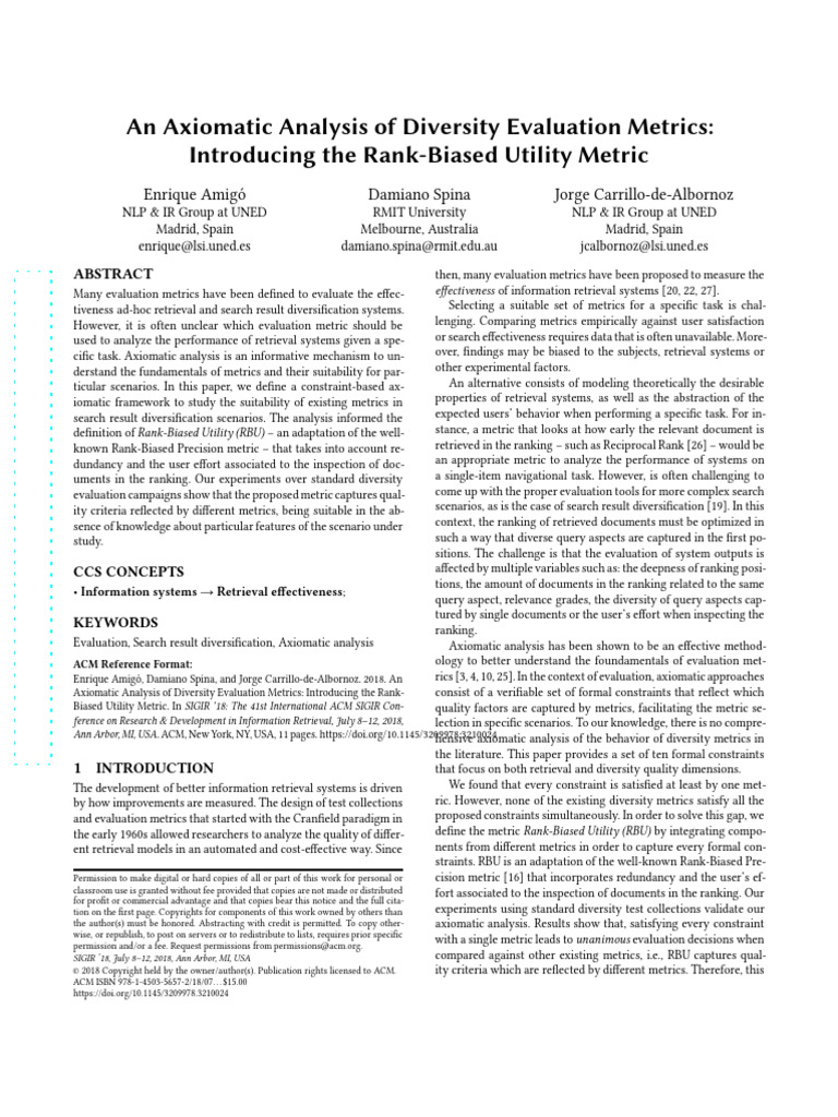 Axiomatic Analysis of Diversity Metrics | PDF