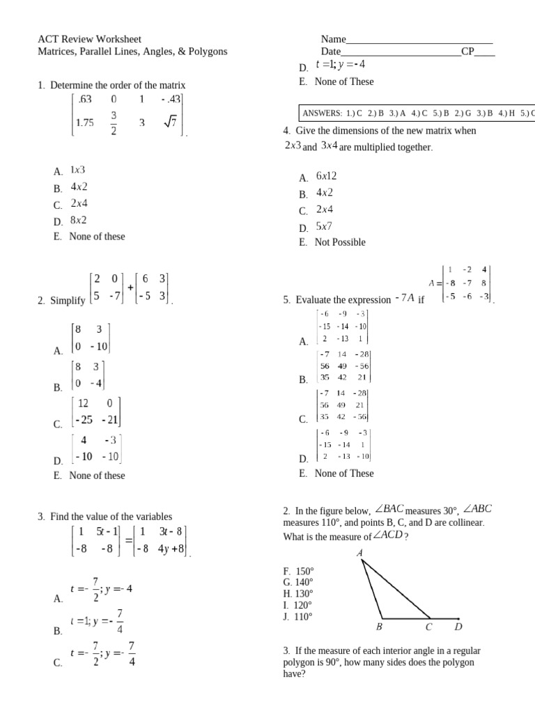 ACT Math Review: Matrices & Angles | PDF | Triangle | Classical Geometry