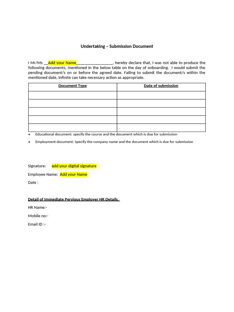 Document Submission Undertaking Form | PDF