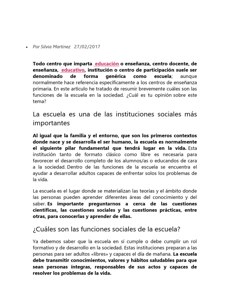 Funciones de la escuela en la sociedad | PDF | Escuelas | Enseñando