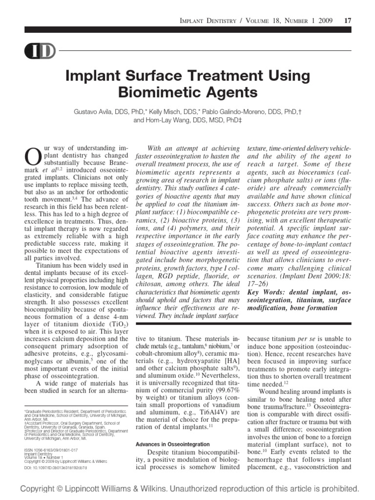 Biomimetic Agents in Implant Dentistry | PDF | Bioceramic