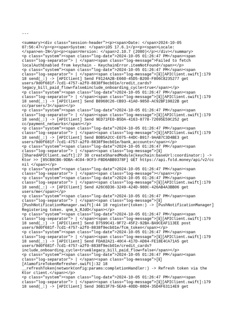 iOS 17.6.1 API Client Log Summary | PDF | Computing