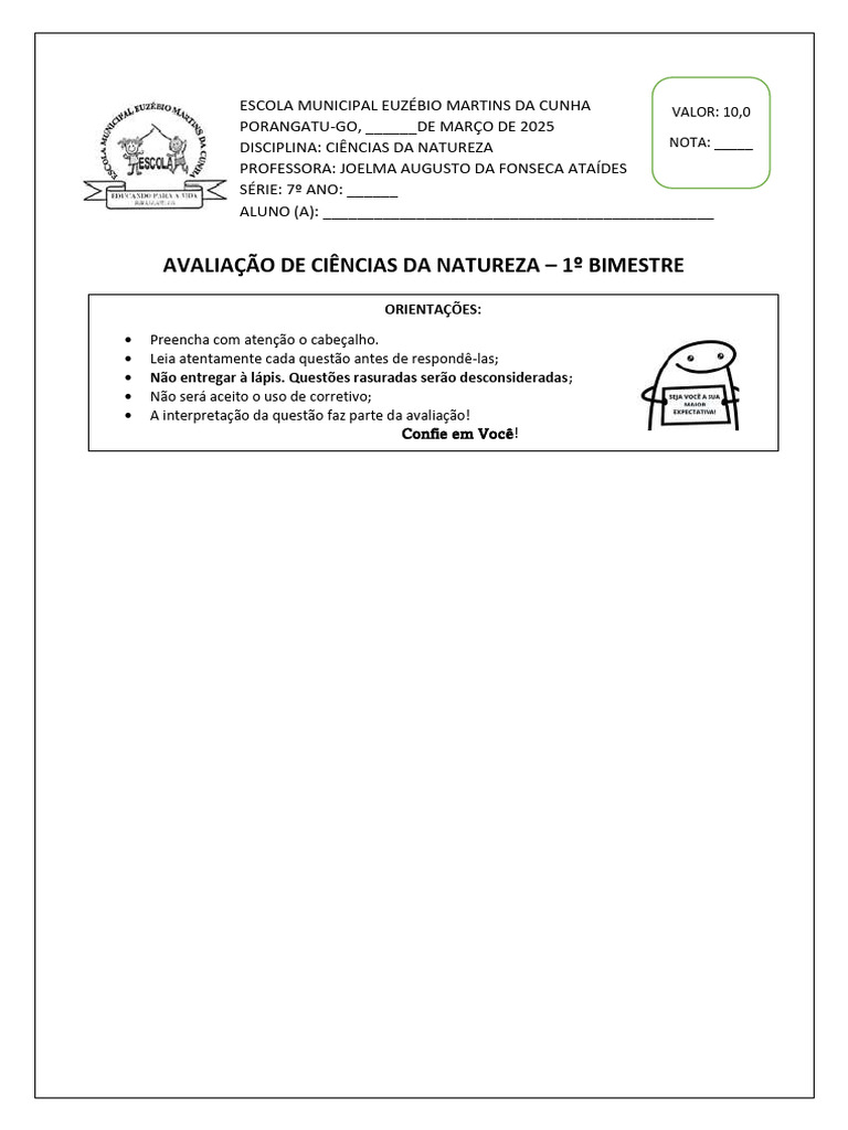 Avaliação de Ciências 7º Ano - 1º Bimestre | PDF | Calor | Temperatura