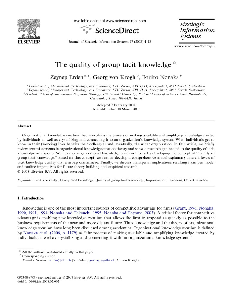 Quality of Group Tacit Knowledge Explained | PDF | Tacit Knowledge ...