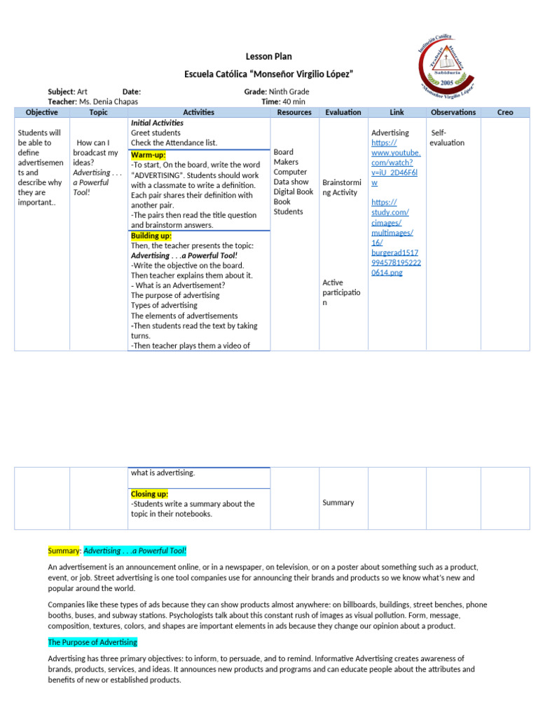 Lesson Plan Art 9th | PDF | Advertising | Brainstorming