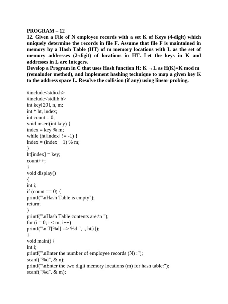 C Program for Hash Table with Probing | PDF | Computing | Software ...