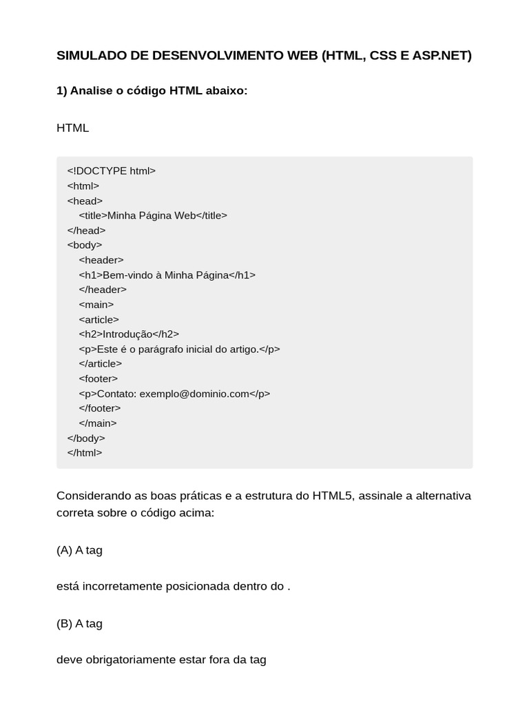 Simulado de Desenvolvimento Web: HTML e CSS | PDF | Html | Informática