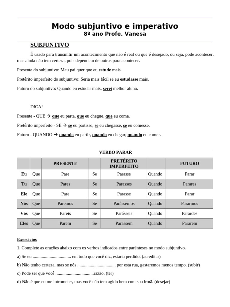 Modos Verbais: Subjuntivo e Imperativo | PDF | Alimentos