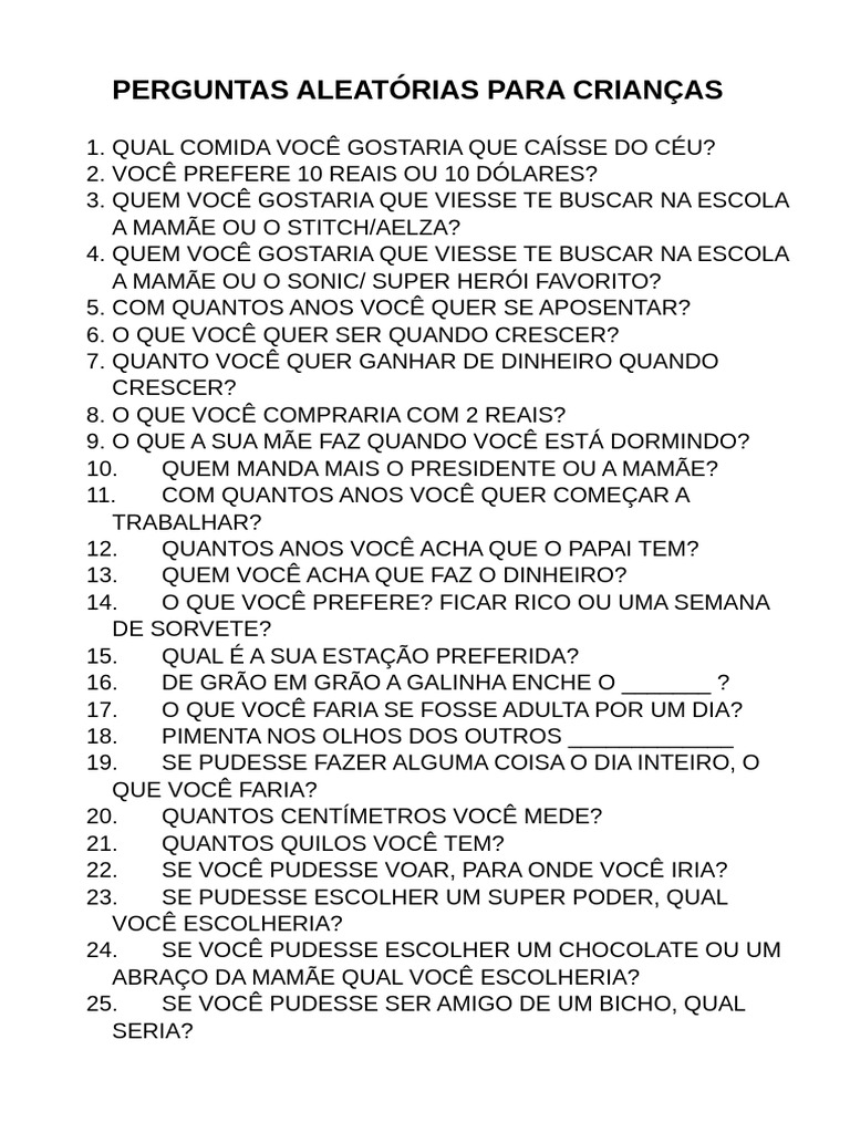 Perguntas Divertidas para Crianças | PDF