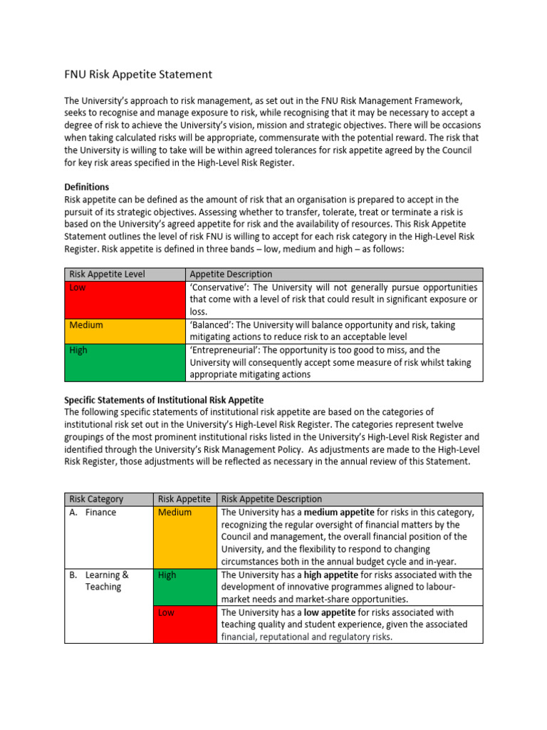 FNU Risk Appetite Overview | PDF | Risk | Risk Management