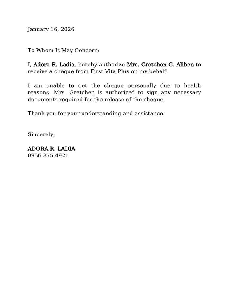 First Vita Plus Authorization Letter Ni Mama | PDF
