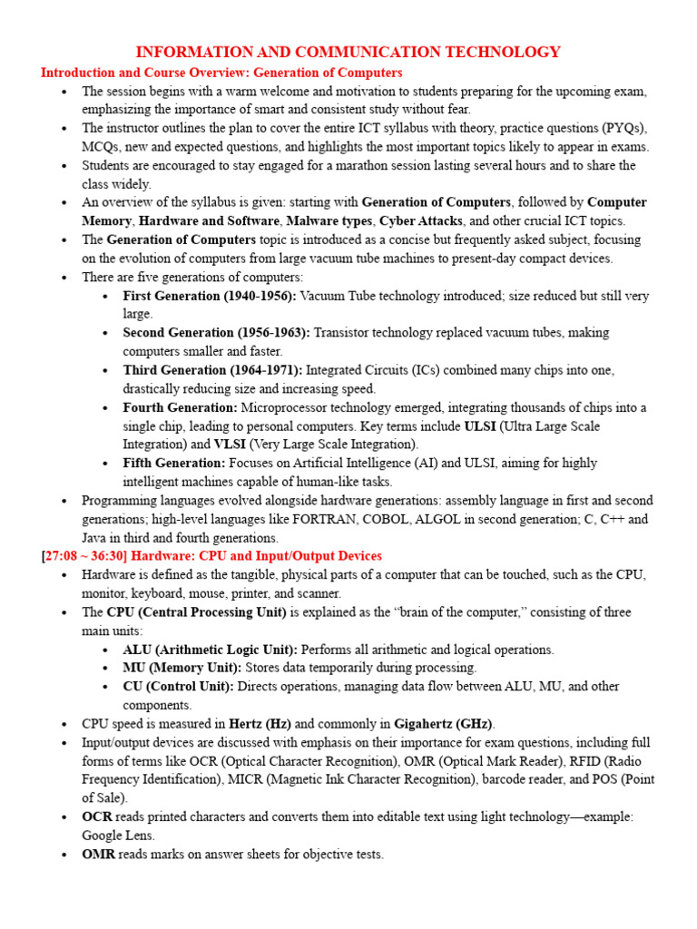 ICT Course Overview: Generations & Components | PDF | Computer Data ...