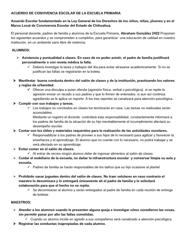 Acuerdo de Convivencia Escolar Primaria | PDF | Escuelas | Educación ...
