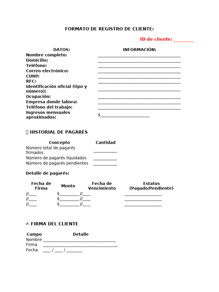 Formato de Registro de Cliente y Pagarés | PDF