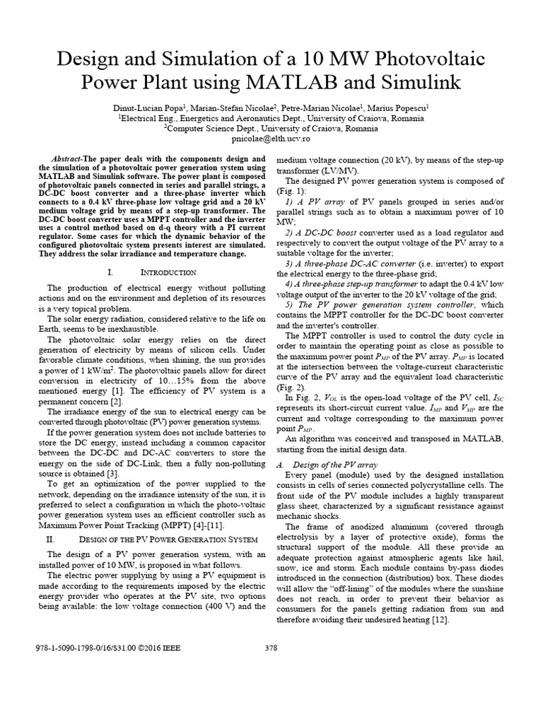 Design and Simulation of a 10 MW Photovoltaic Power Plant Using MATLAB ...