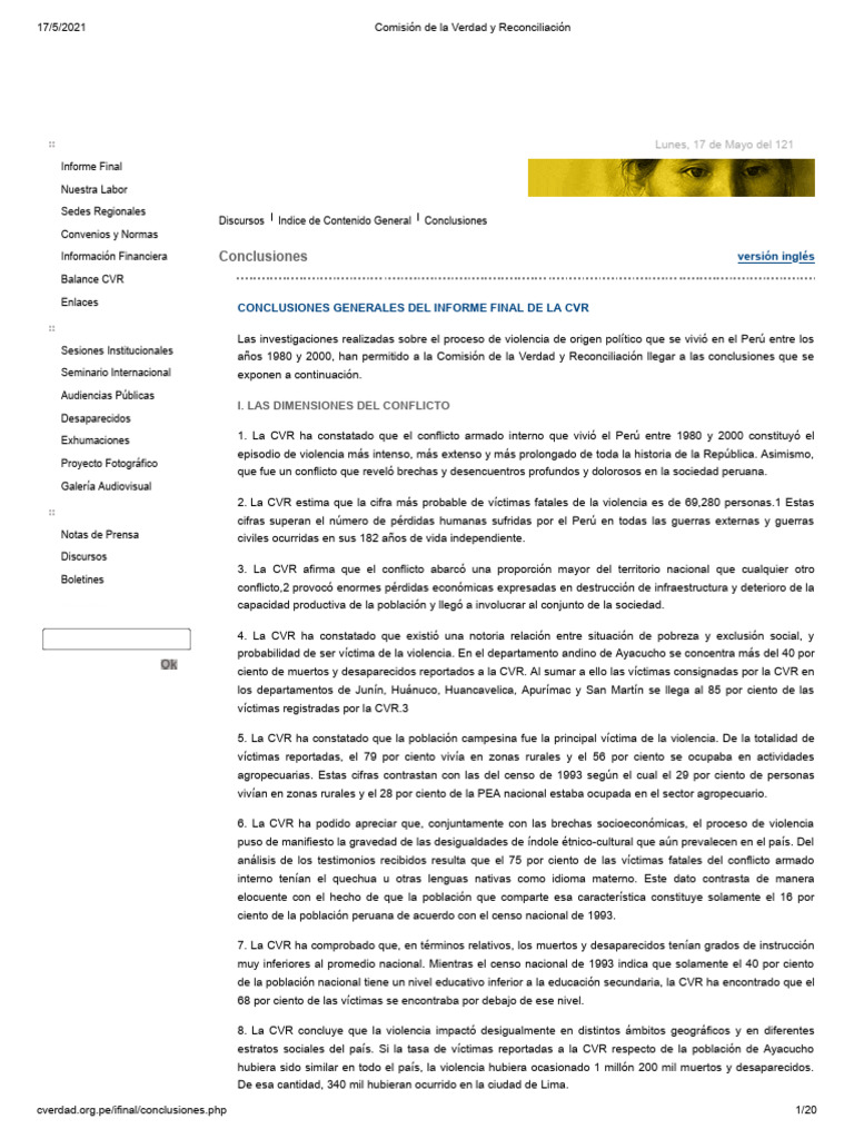 Conclusiones del Informe CVR Perú 1980-2000 | PDF | Perú