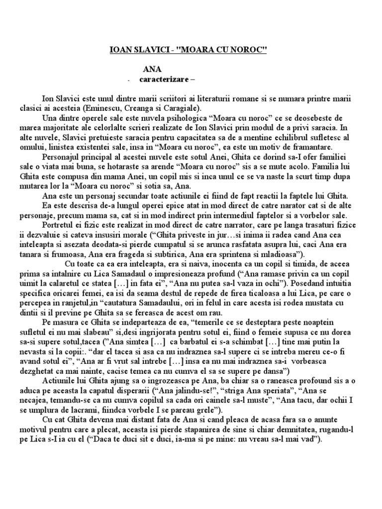 Relatia Incipit Final Moara Cu Noroc Moara Cu Noroc - Caracterizarea Personajelor | PDF