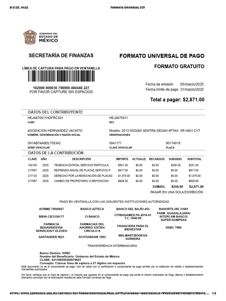 Formato Universal de Pago Tenencia 2025 | PDF | Bancos | Finanzas ...
