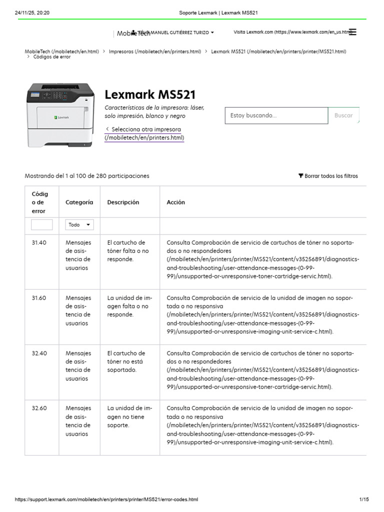 Códigos de error impresora Lexmark MS521 | PDF