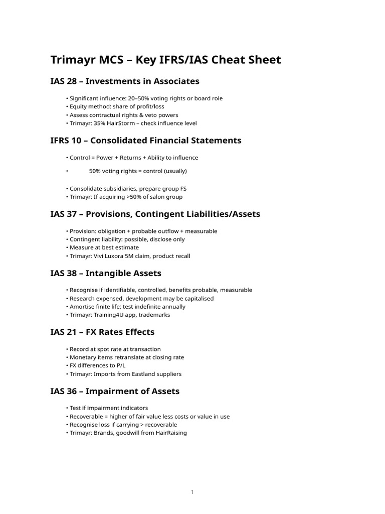 IFRS/IAS Cheat Sheet for Trimayr MCS | PDF
