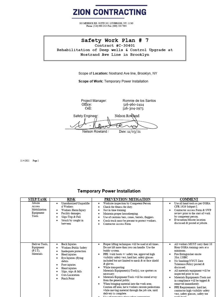 Temporary Power Installation Safety Plan | PDF | Personal Protective ...