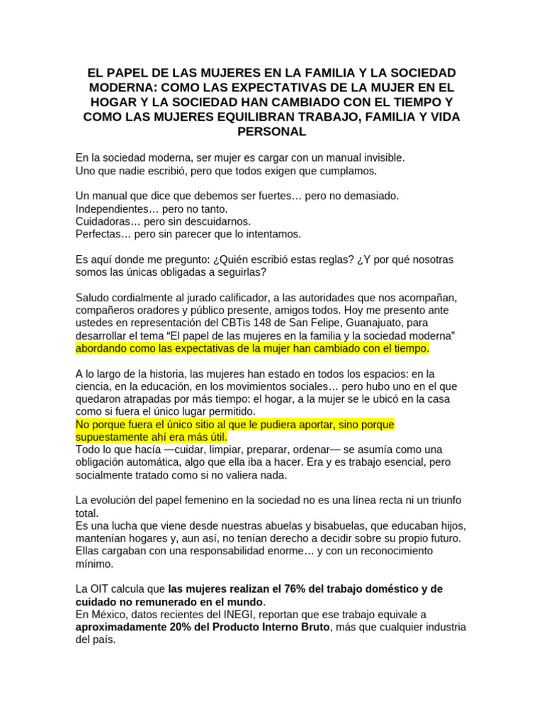 2el Papel de Las Mujeres en La Familia y La Sociedad Moderna (1) | PDF ...