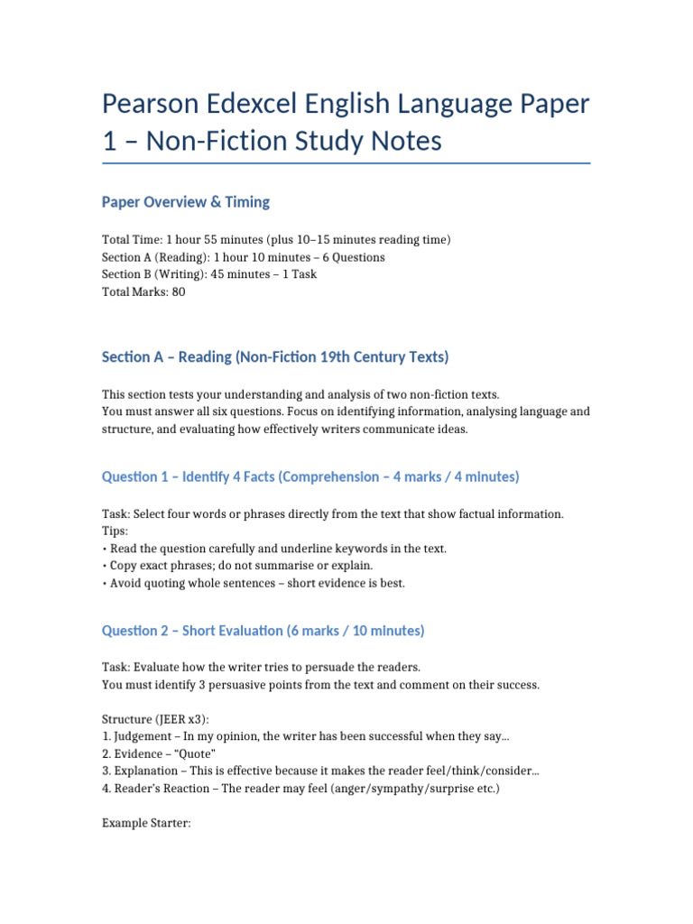 Edexcel English Language Paper 1 Guide | PDF | Reading Comprehension ...