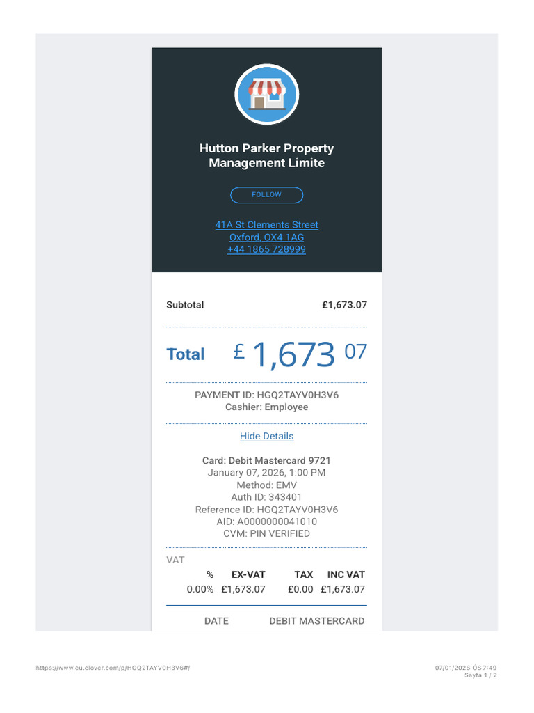 Hutton Parker Payment Receipt £1,673.07 | PDF | Debit Card | Emv