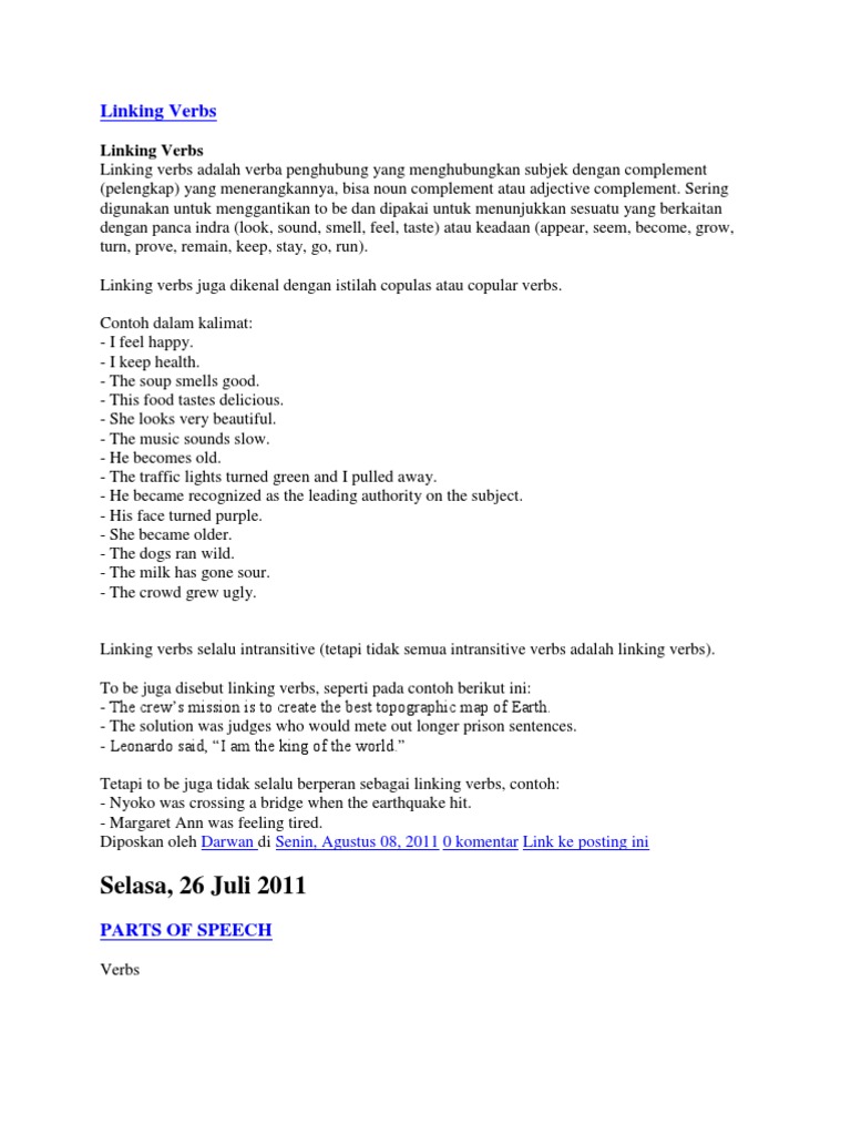 Linking Verbs Part Of Speach