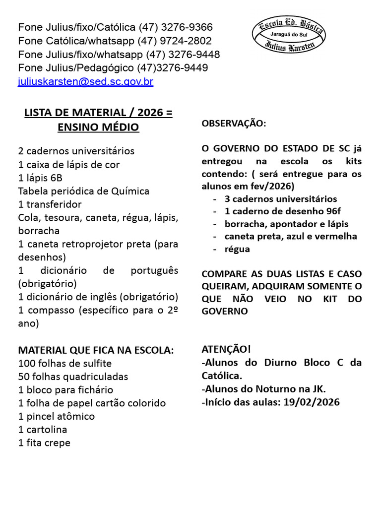 Lista de Material Escolar 2026 Ensino Médio | PDF | Papelaria ...