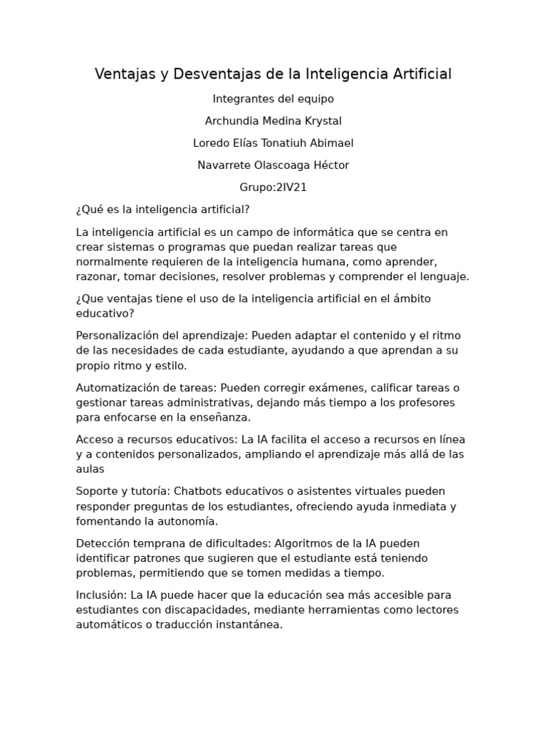 Ventajas y Desventajas de la IA en Educación | PDF | Inteligencia ...