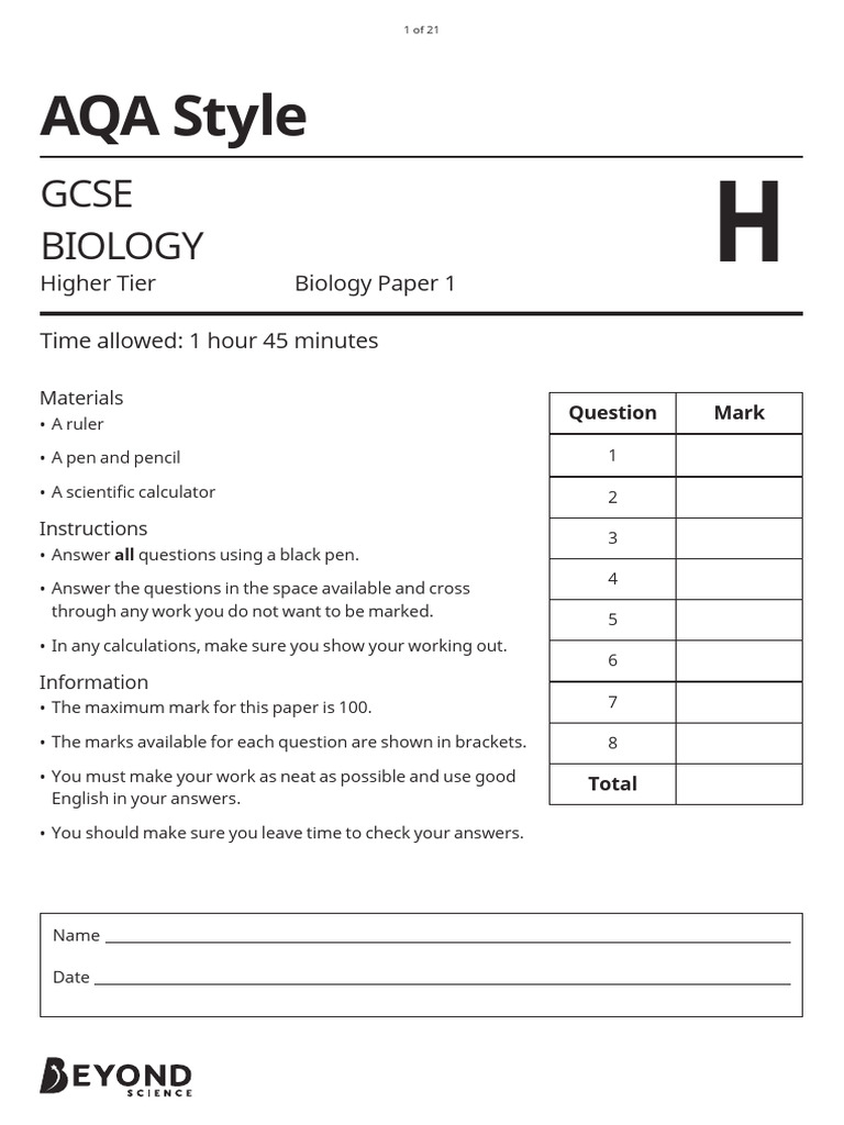 AQA GCSE Biology Paper 1 Higher Question Paper | PDF | Photosynthesis ...
