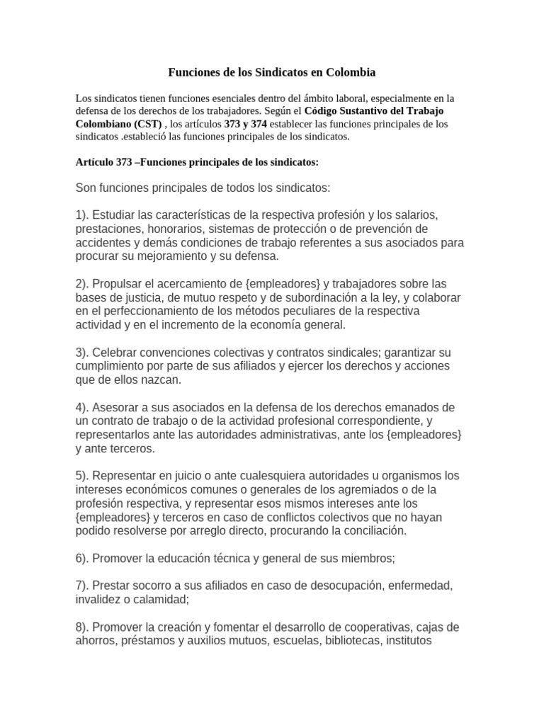 Funciones Clave de los Sindicatos en Colombia | PDF | Sindicato ...