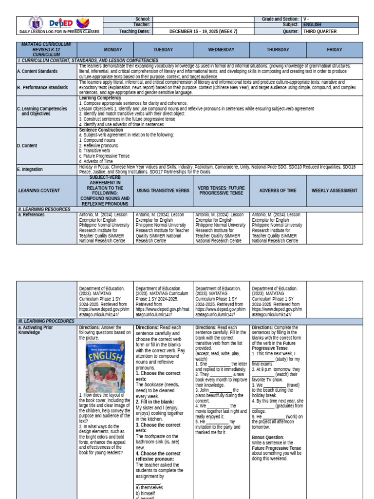 English Lesson Plan: Week 7 Curriculum | PDF | Verb | Subject (Grammar)