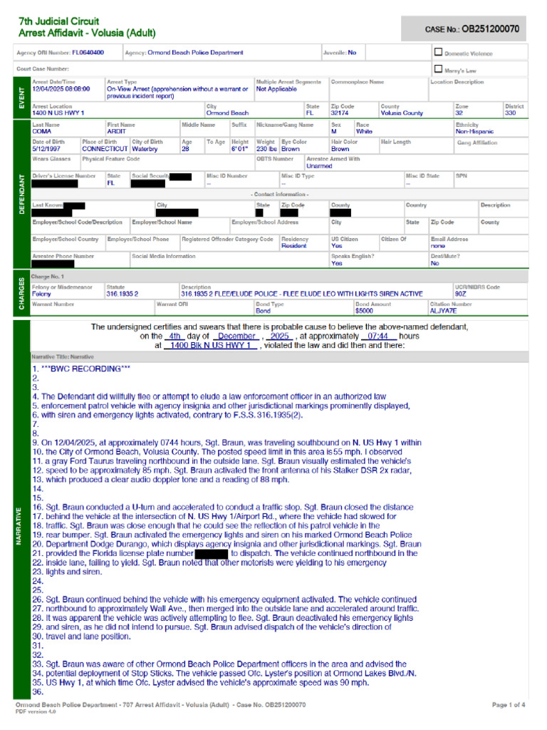 COMA OB251200070 Redacted | PDF | Affidavit | Emergency Services