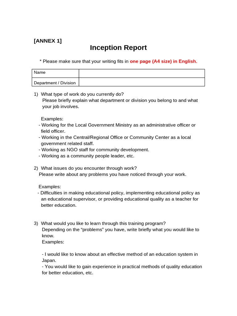 Inception Report for Training Program | PDF