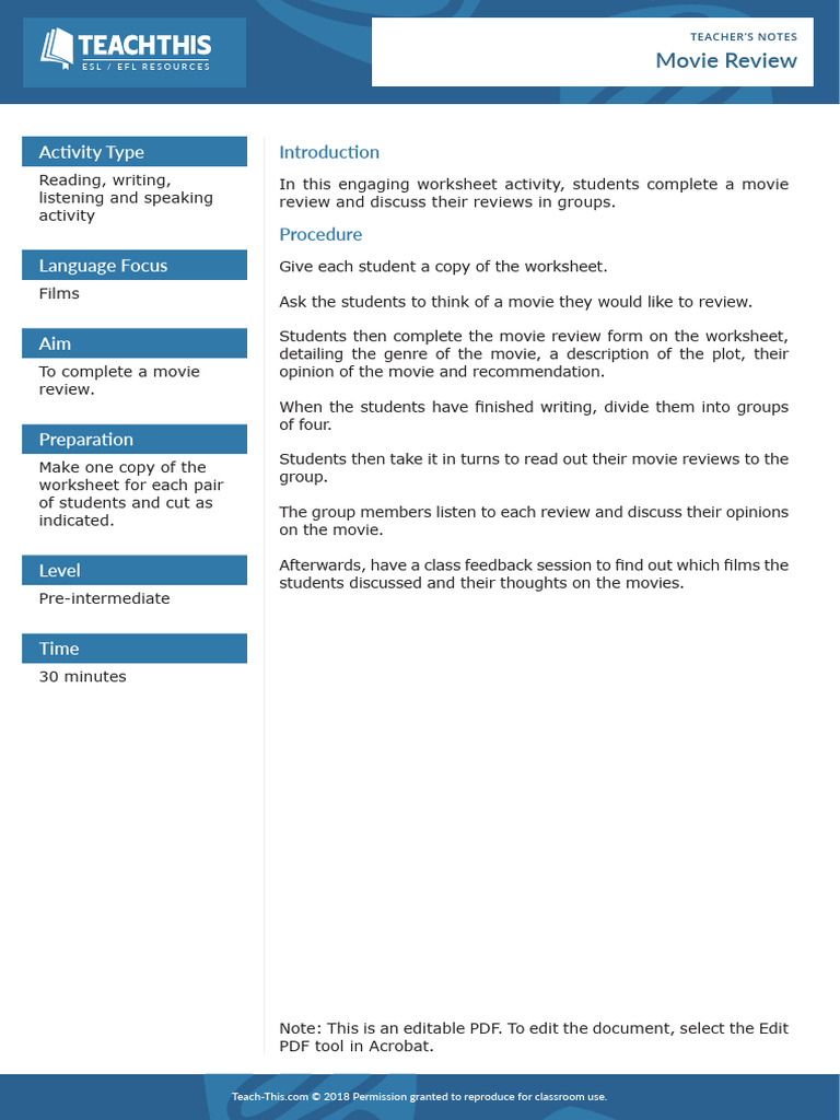 Movie Review Activity for ESL Students | PDF | English As A Second Or ...