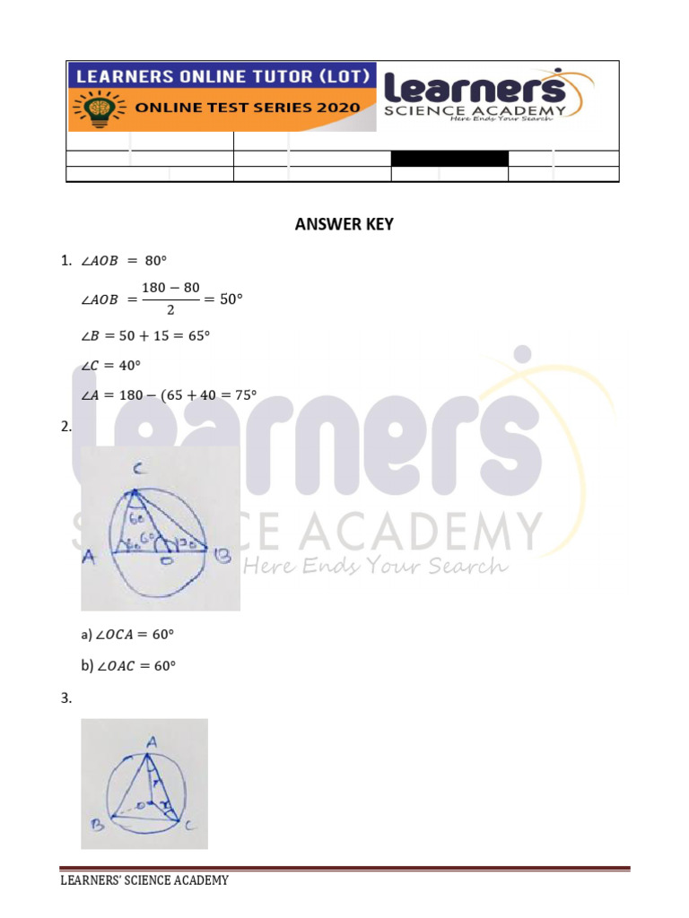 Mathematics Answer Key for Circles | PDF