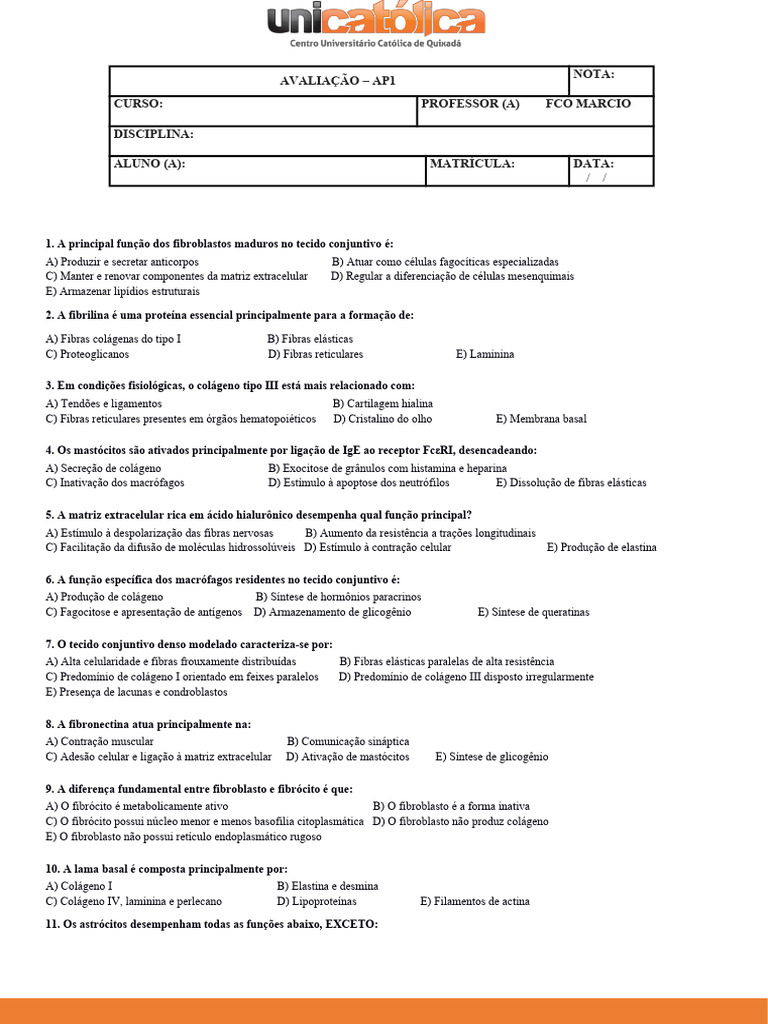 Questões de Avaliação sobre Tecido Conjuntivo | PDF | Cartilagem | Axônio