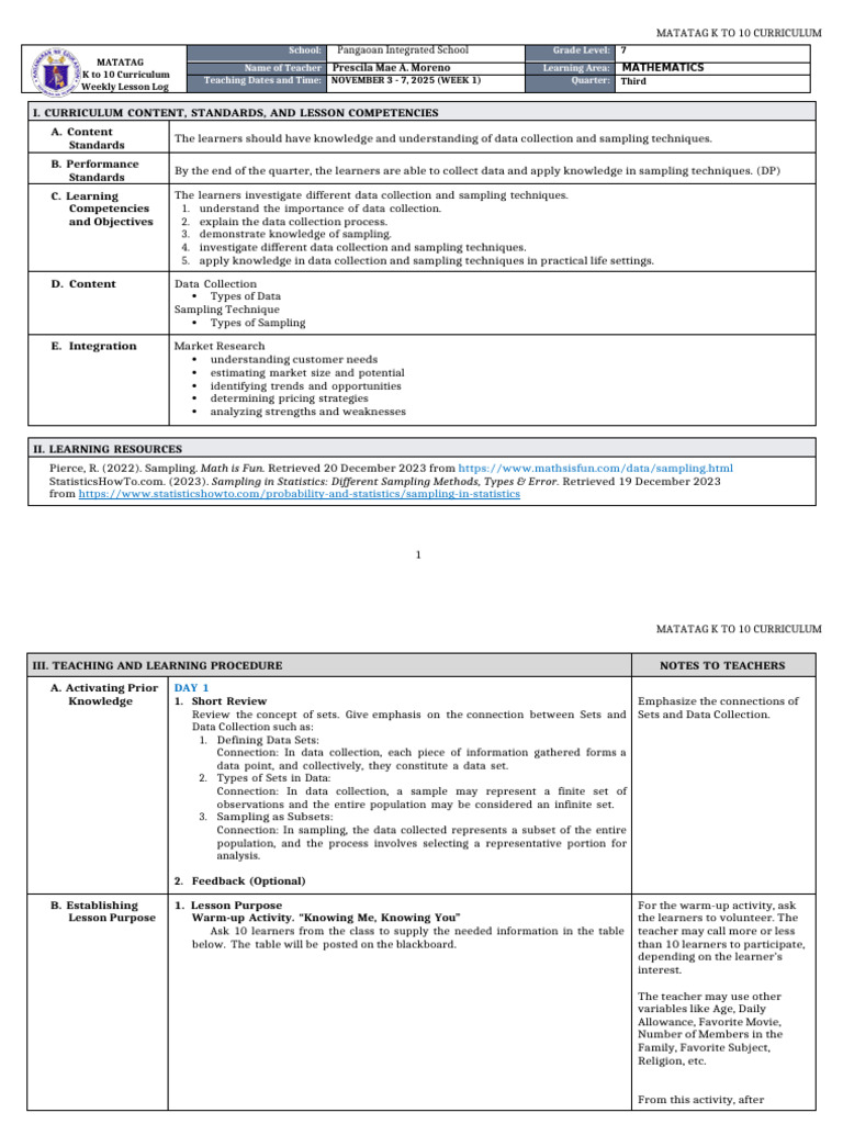 K to 10 Math Curriculum: Data Collection Techniques | PDF | Sampling ...