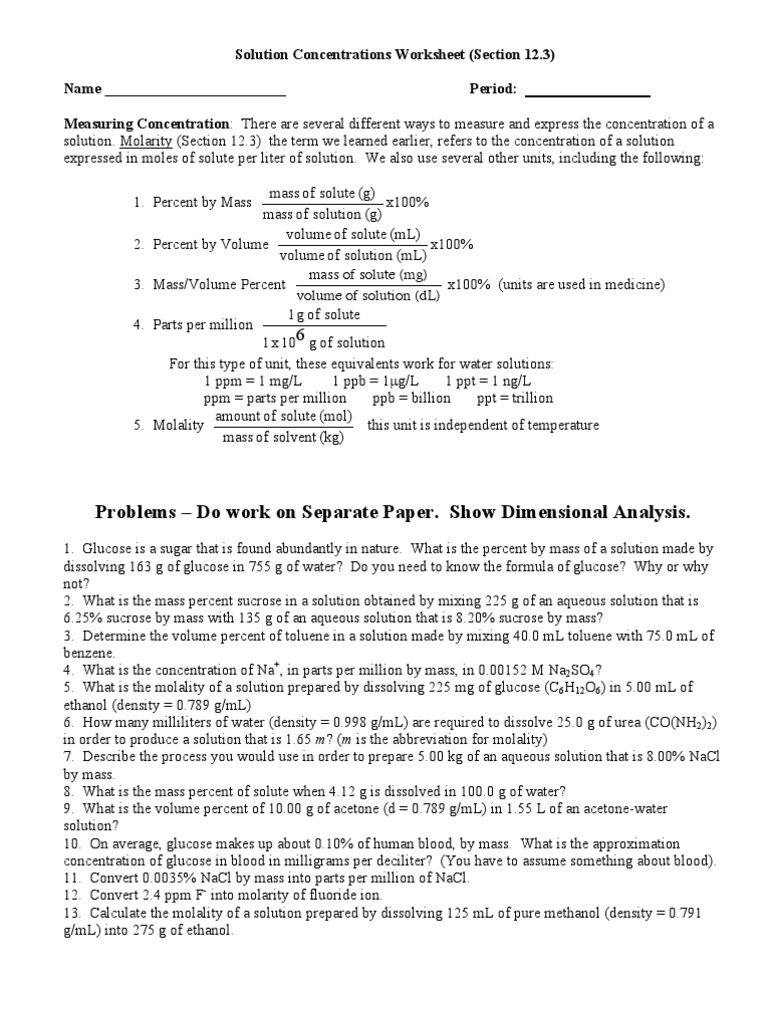 Concentrations Worksheet | Parts Per Notation | Concentration