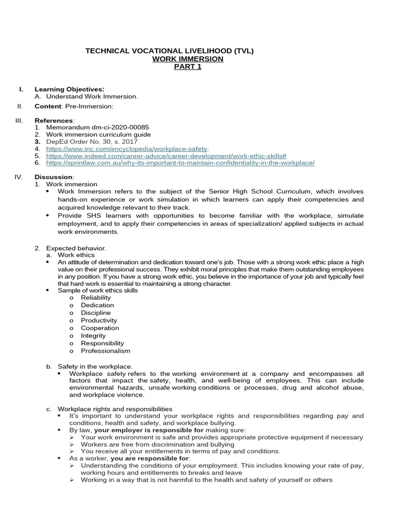 TVL Work Immersion Guide and Objectives | PDF | Occupational Safety And ...