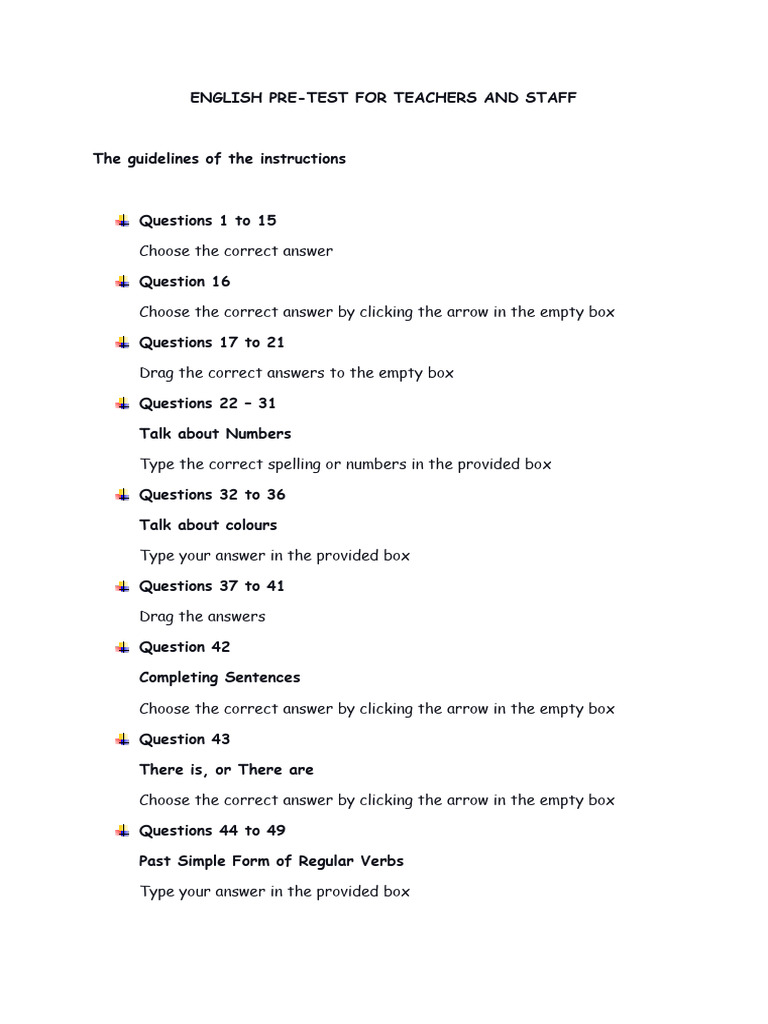 English Pre-Test for Teachers & Staff | PDF
