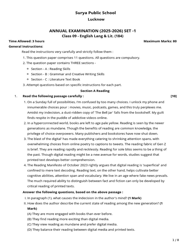 Class 09 English Exam Paper 2025-2026 | PDF | Electric Vehicle | Car