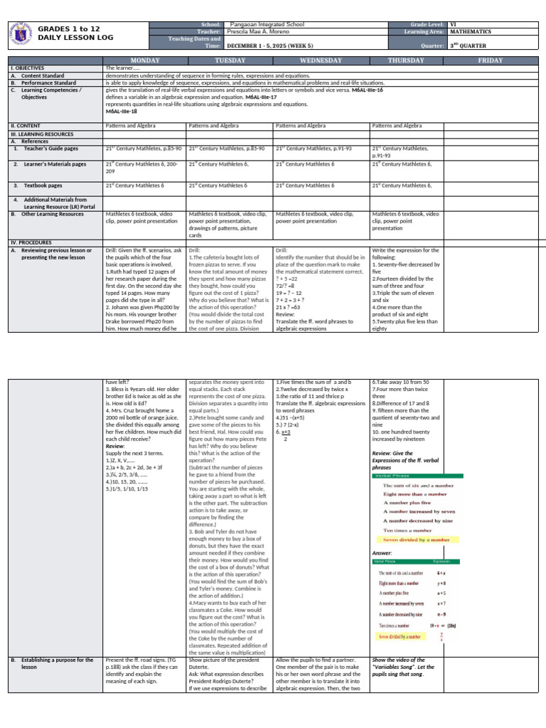 Grade VI Math Daily Lesson Log | PDF | Numbers | Equations