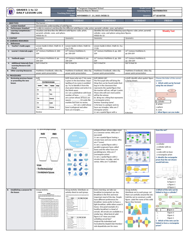 Grade 6 Math Daily Lesson Log: Geometry | PDF | Triangle | Polytopes