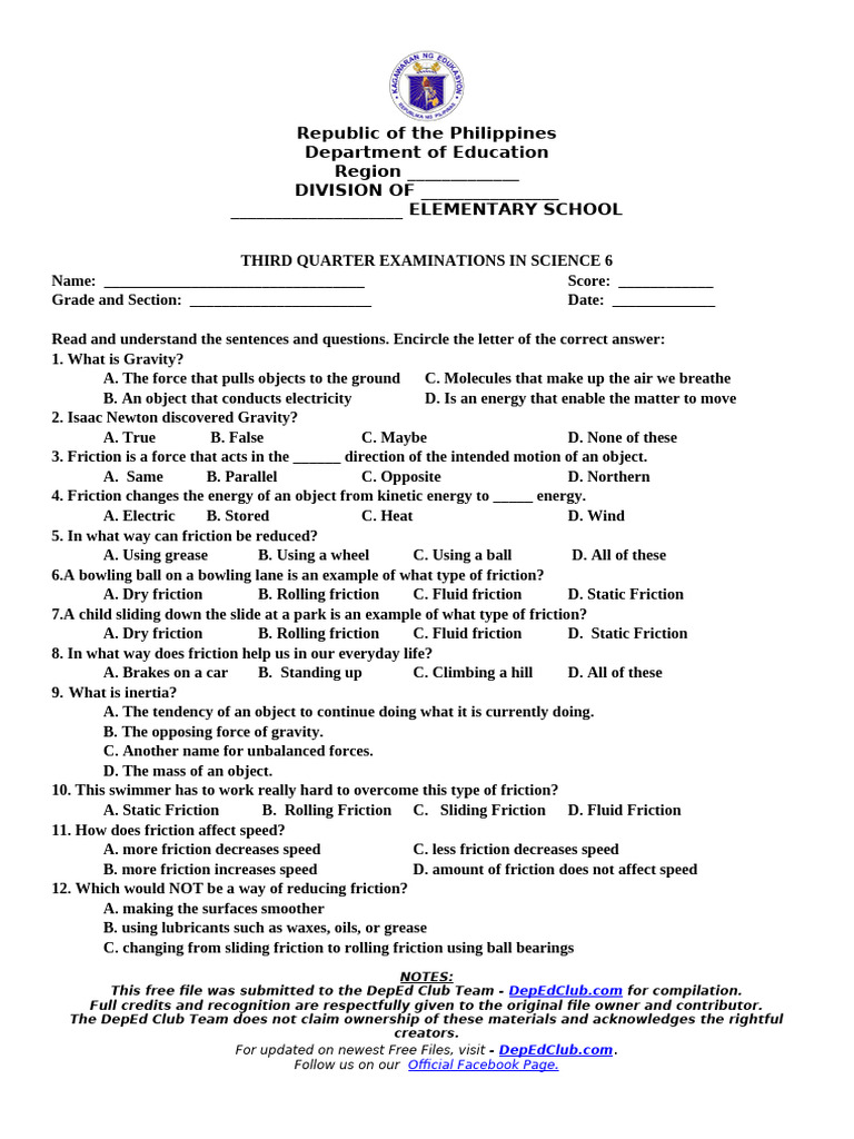 Science 6 Third Quarter Exam Guide | PDF | Friction | Force