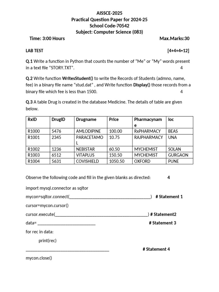 AISSCE 2025 Computer Science Lab Paper | PDF | Data Management ...