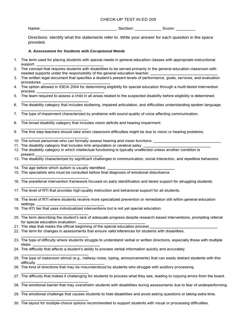 ED 209 Check-Up Test: Special Needs Assessment | PDF | Special ...